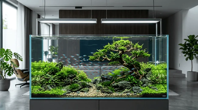 Aquário profissional com peixes e plantas montado em Barbacena