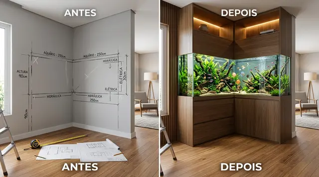 Antes e depois: Projeto de medição técnica e aquário sob medida instalado em Barbacena
